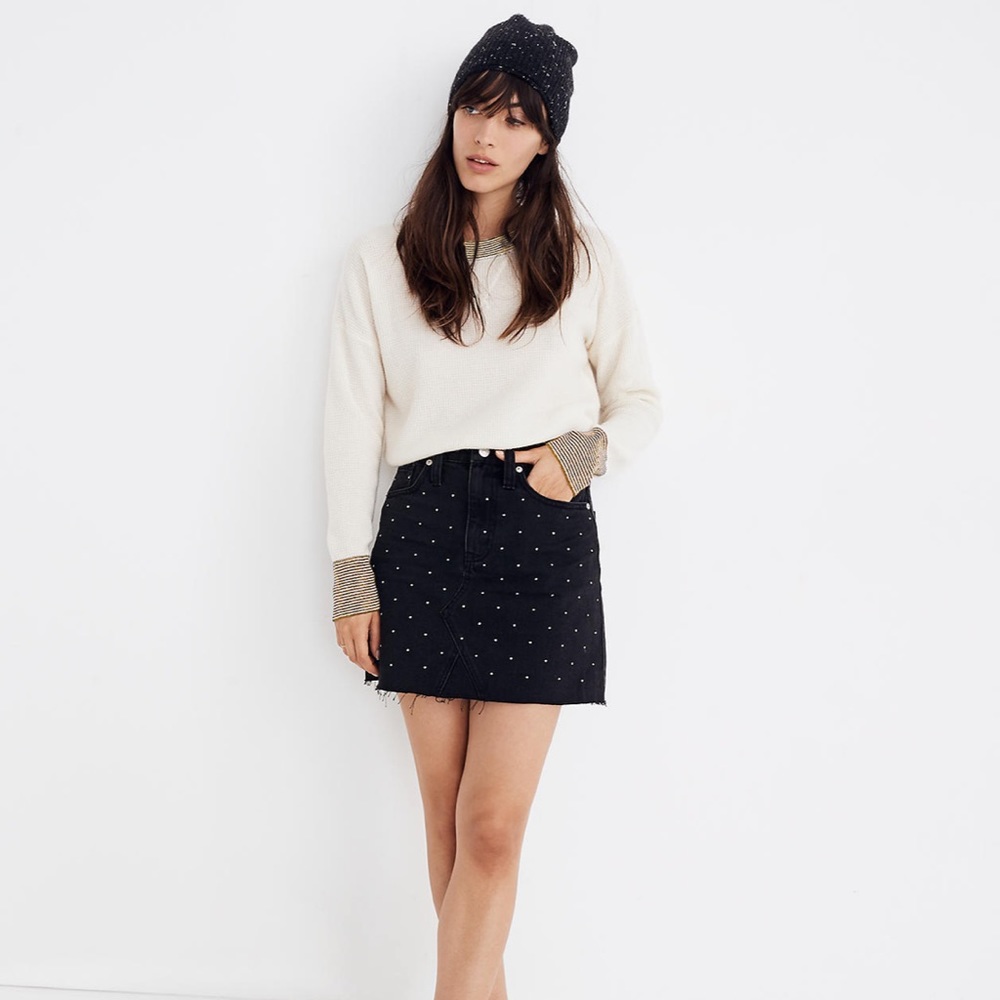 Madewell Black Mineral Wash Silver Polka Dot Cutoff Sz 27 Denim Mini Skirt - Picture 2 of 12